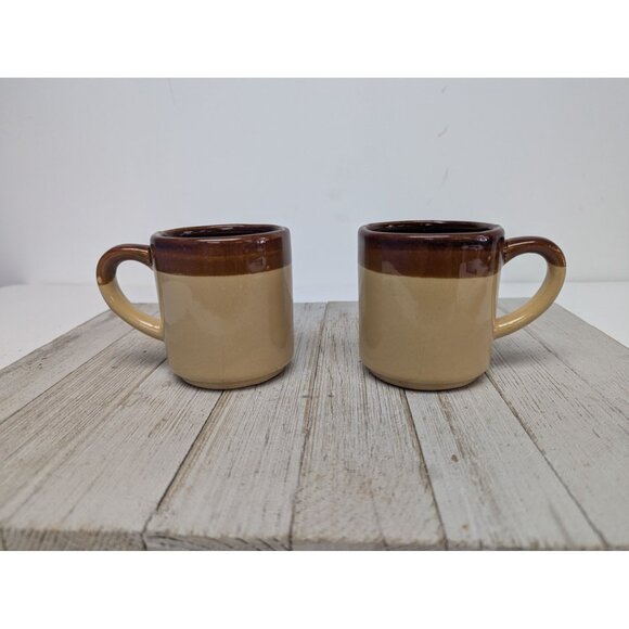 Vintage Mid Century Modern 2-Tone Drip Glaze Pottery Coffee Mugs Set of 2 - Picture 1 of 11